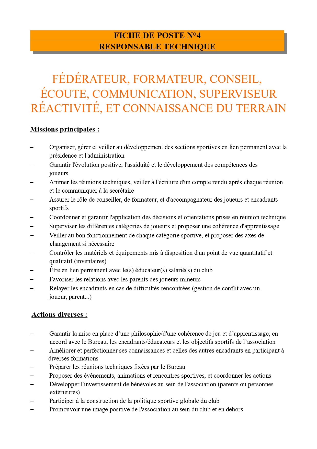 FICHE DE POSTE N° 4 RESPONSABLE TECHNIQUE - Club Football ST JOSEPH DE ...